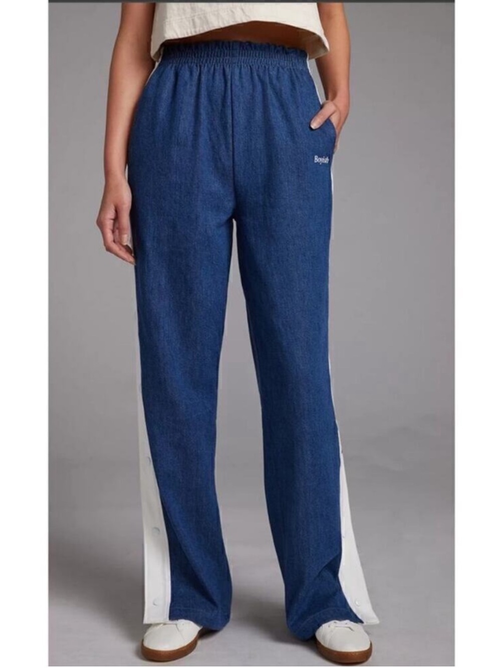 Boyish Track Pants Denim White Stripe Pull Away Snap Size Medium - Picture 8 of 9